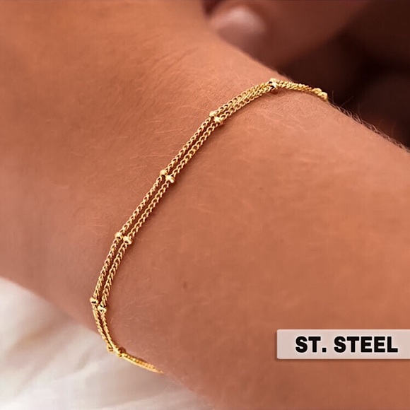 🔵𝟲𝟱%𝗢𝗙𝗙 𝗯𝘂𝗻𝗱𝗹𝗲𝘀 𝟯+🔵 NEW 2 Layered Curb Chain Stainless Steel Bracelet - Picture 1 of 12